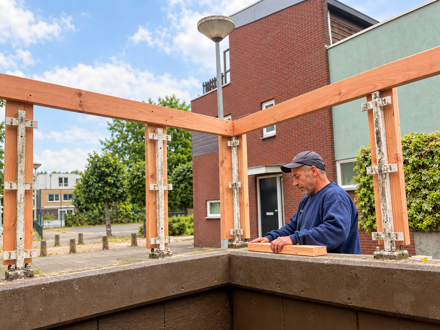 Vakman aan het houten frame